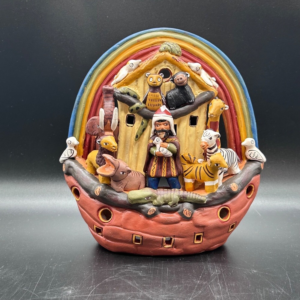 Noah's Ark Studio Pottery Clay Hand Painted Tea Light Votive Rainbow Animals